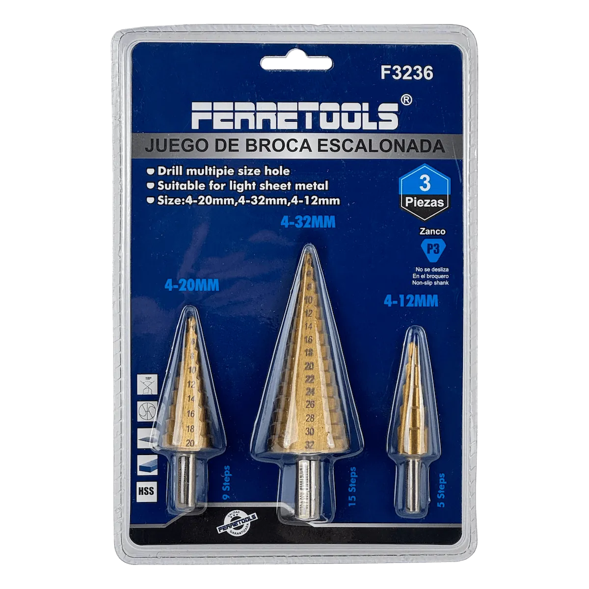 FERRETOOLS Kit 3-Brocas Pino 4-12 4-20 4-32mm p/Metal HSS Escalonadas 2