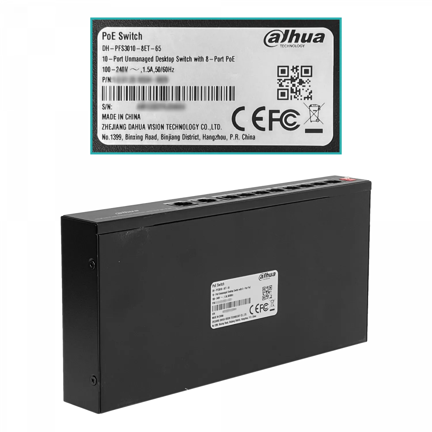 Switch 8 PoE+af/at/bt + 2 Gigabit No Administrable 96W Riel DIN, Dahua PFS3010-8ET-96 3
