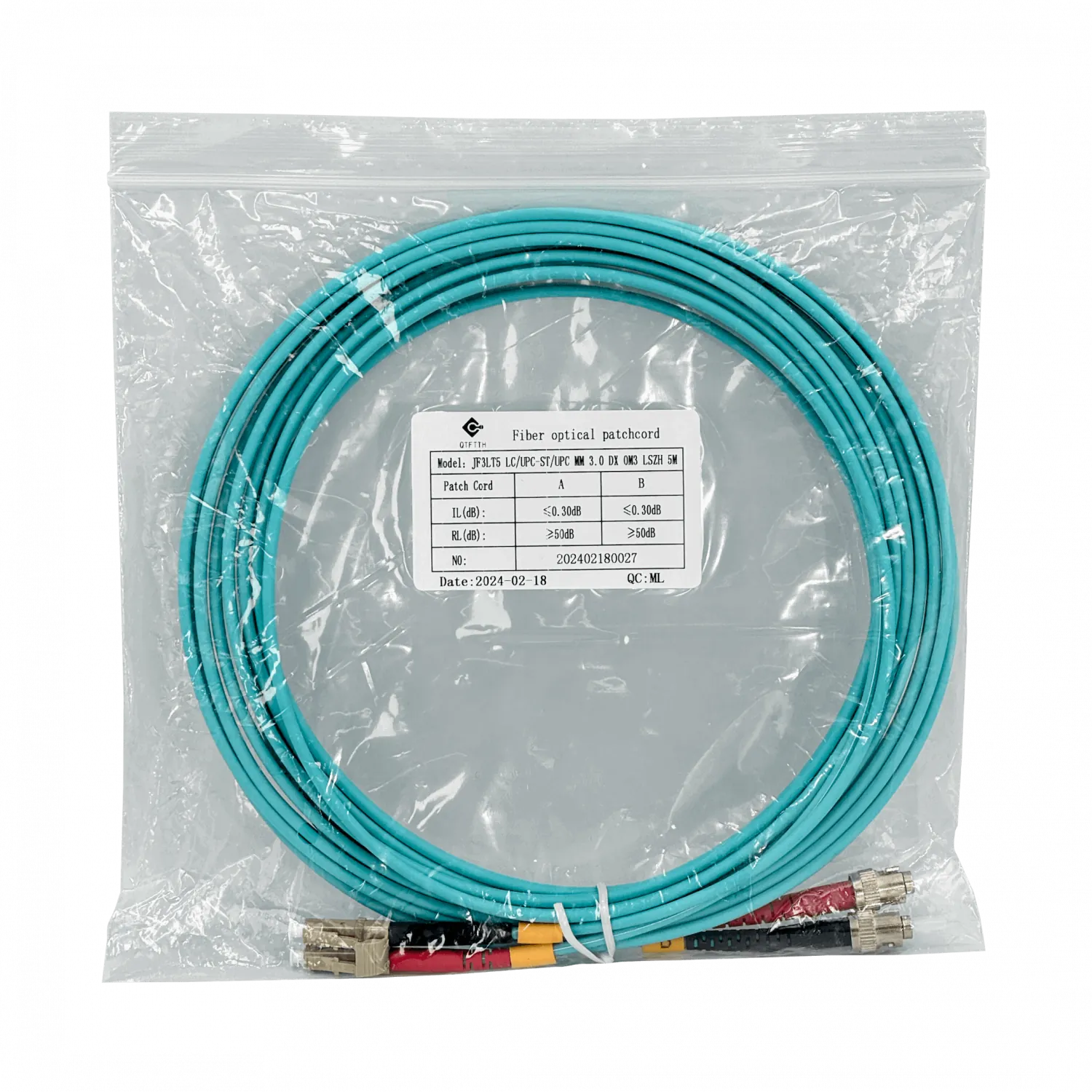 Jumper Fibra 3.0mm 50/125um 5mt LC-ST OM3 Multimodo MM Duplex  3