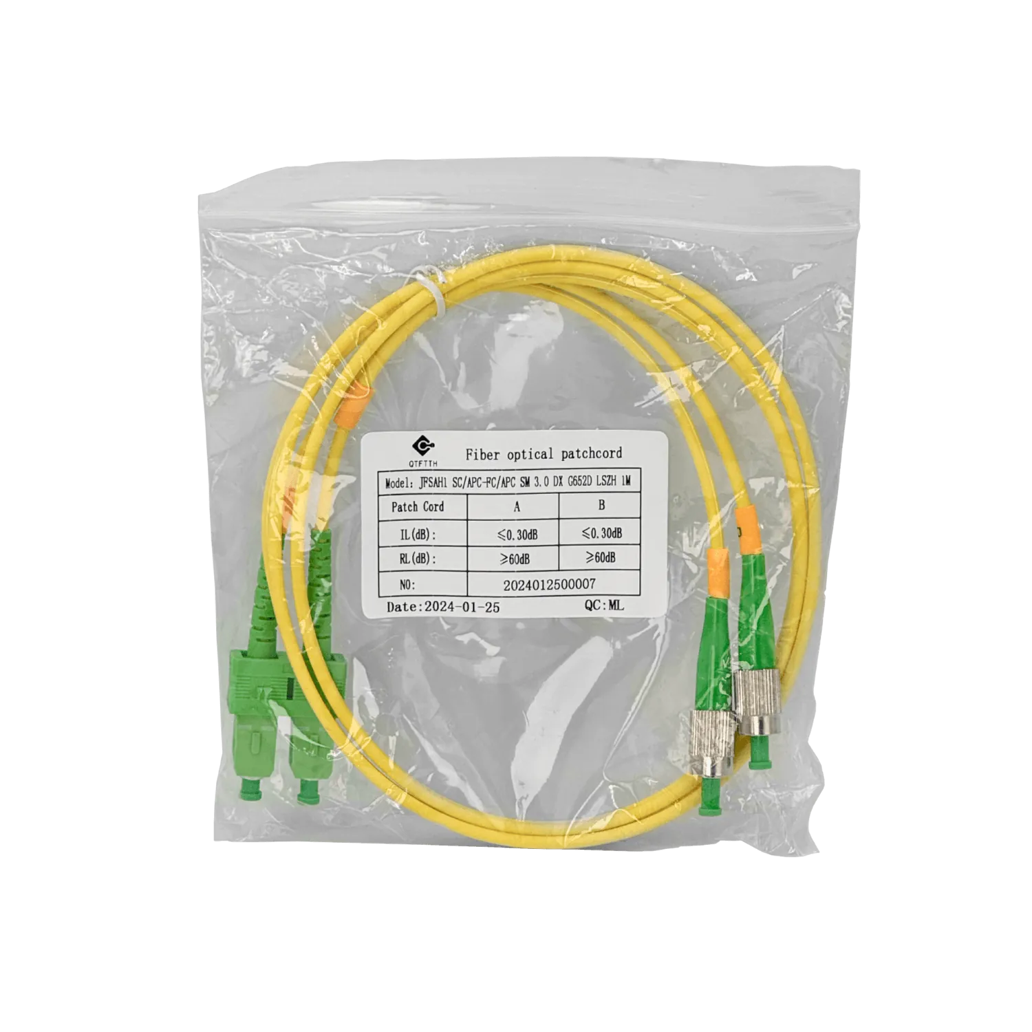 Cable fibra optica 1m SC/APC-FC/APC Monomodo SM Duplex Jumper 9/125um 3mm JFSAH1 1