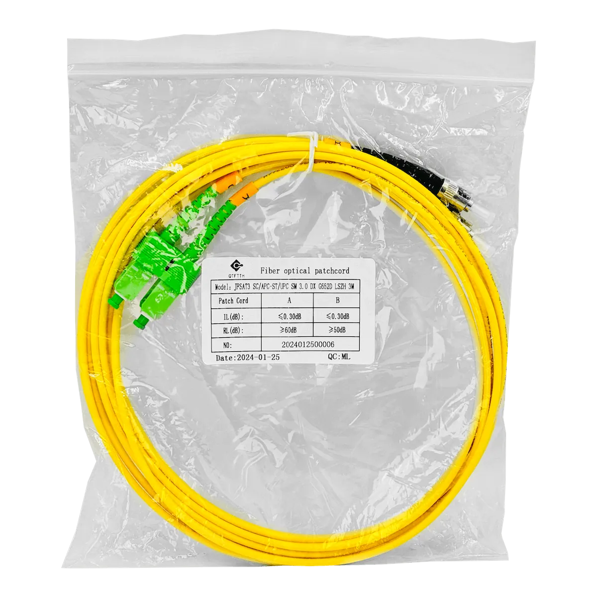 3mt SC/APC-ST/UPC MonoModo SM Duplex Jumper Cable Fibra 9/125um 3mm 1