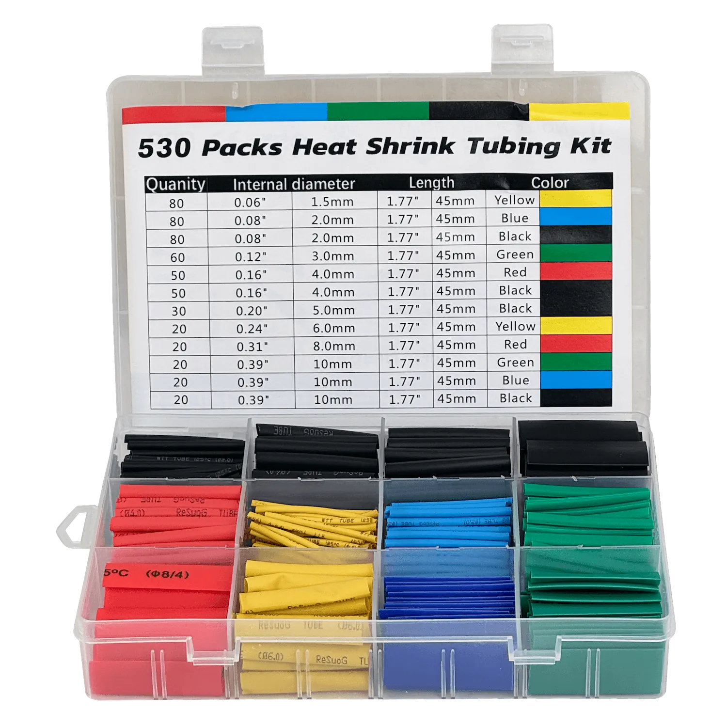 Kit de Tubos Termoretractil 530-Piezas 1,5/2/3/4/5/6/8/10mm 1