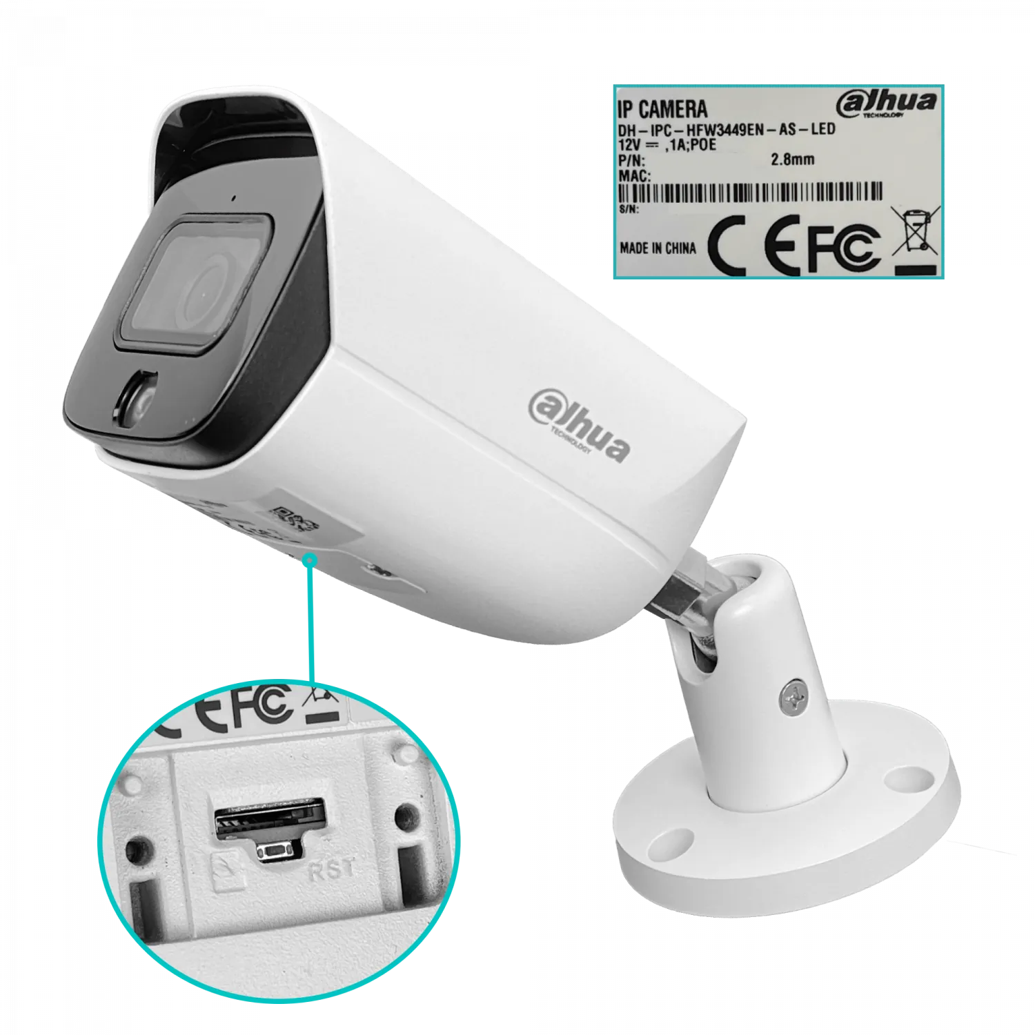 Cámara Bala Dahua 4MP Full Color 2.6mm RCA PoE 30m IP67 MicroSD WizSense SMD HFW3449E 1