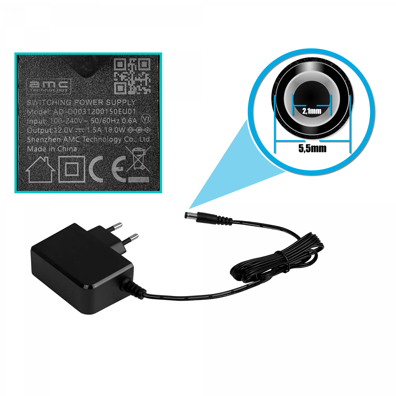 Fuente de Poder 12VDC 1.5A 18W, Plug 5.5x2.1mm, Transformador Interior 1