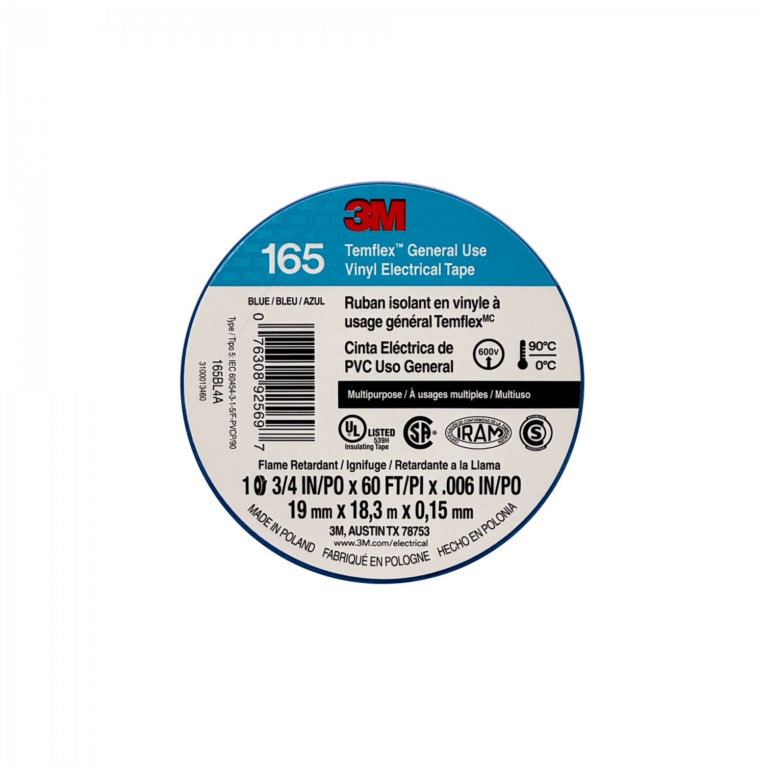 Huincha Cinta Aisladora 165 Azul 3M, 18 Metros, PVC, 19mm-0.15mm, 600V 0-90ºC 1