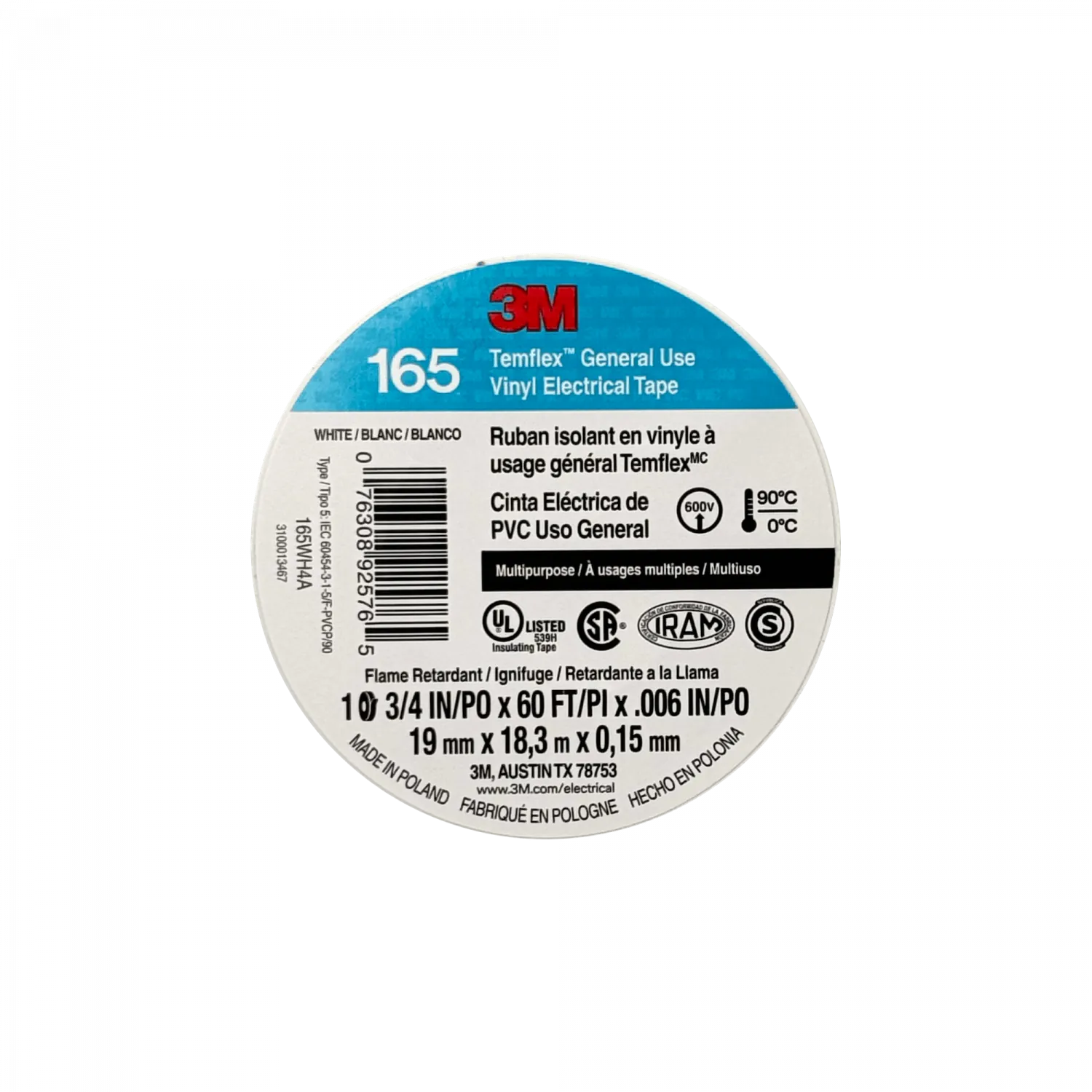 3M 18mt 165 Blanca Huincha Cinta Aisladora PVC 19mm 0,15mm 600V 0-90ºC 1