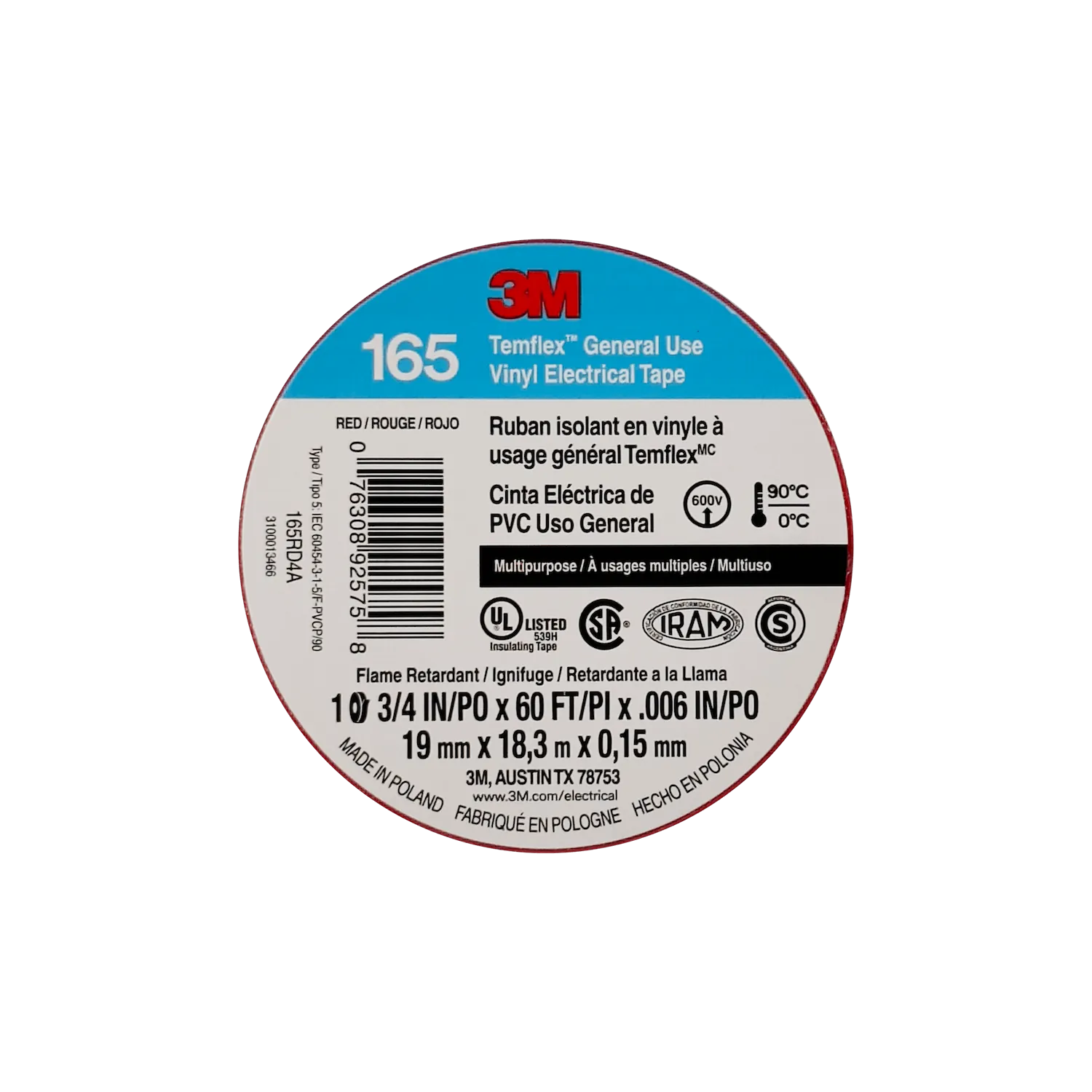3M 18mt 165 Roja Huincha Cinta Aisladora PVC 19mm 0,15mm 600V 0-90ºC 1