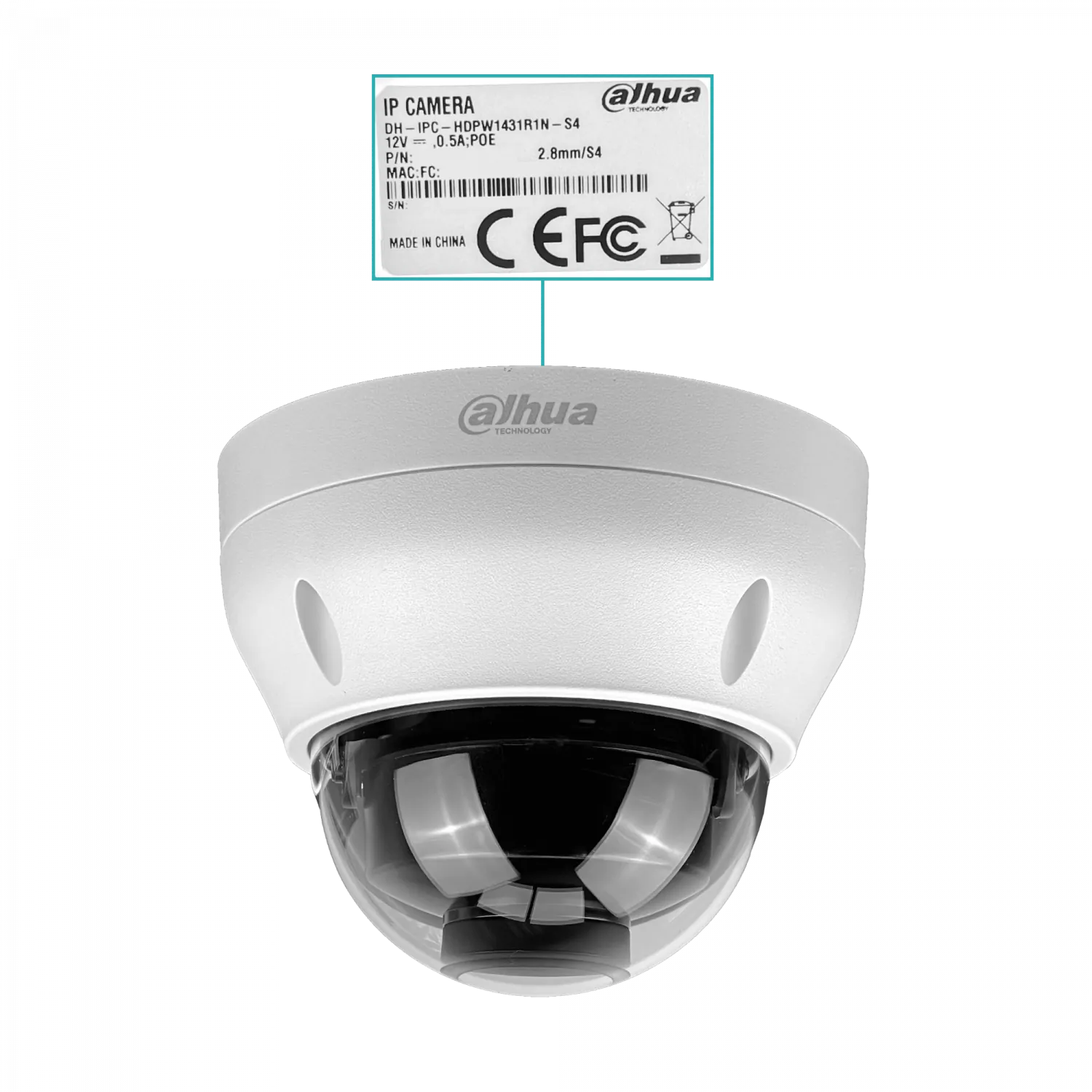 Cámara Domo Dahua 4MP Fijo 2.8mm PoE IR30m IP67 Smart WizSense HDPW1431R1N-0280B 1