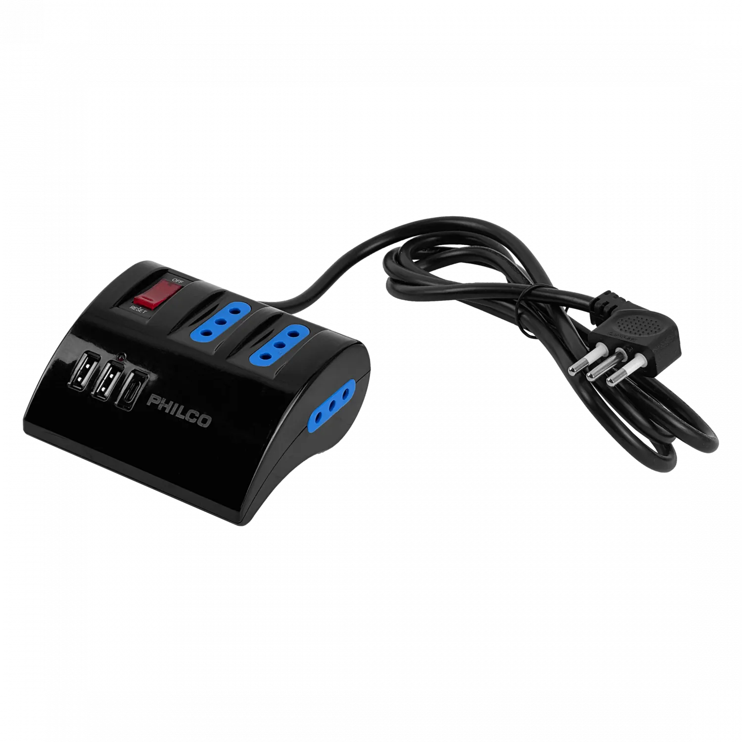 PHILCO Negro Alargador 1,5mt 3-enchufes 2-USB5V 1-USB-C 15W 10A-250V 1