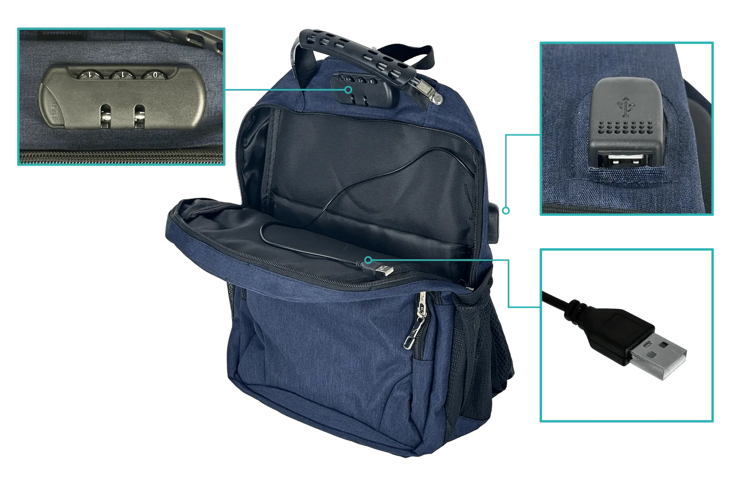 Mochila Azul 16” con USB y Plug 3.5mm para Notebook 31x40cm 1