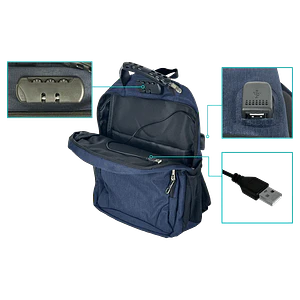 Mochila Azul 16” con USB y Plug 3.5mm para Notebook 31x40cm