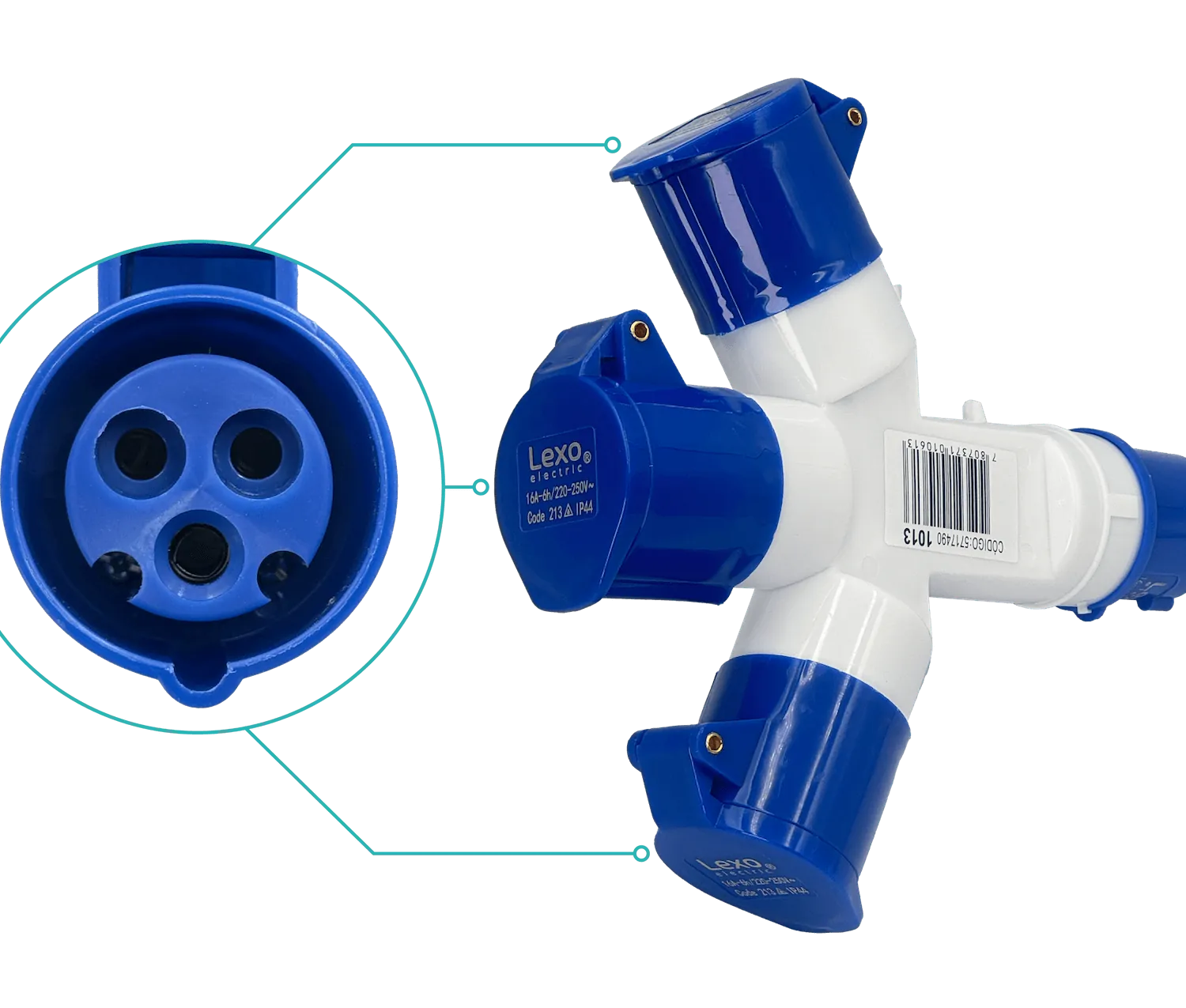 LEXO Triple Enchufe Industrial 1-Macho 3-Hembra 2P+T 16A IP44 250V 1