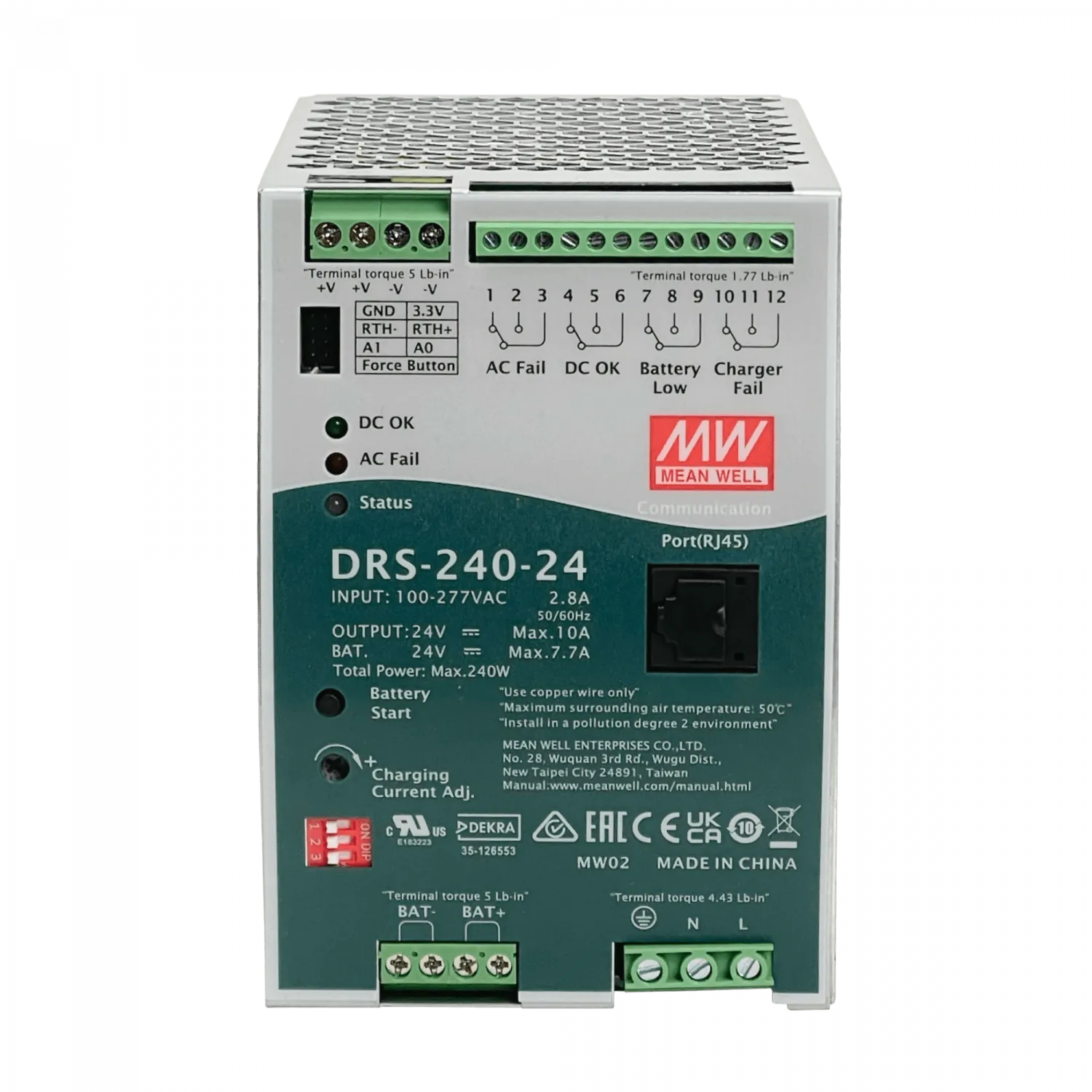Fuente UPS Mean Well DRS-240-24 24VDC 10A 240W Riel DIN con RJ45 Entrada 100-277VAC 1