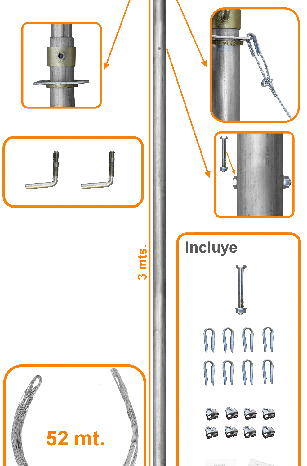 Mastil Telescopico LINKMADE MAST-20 20 pies 6m con Vientos 2 Tubos Alcance 3m 1