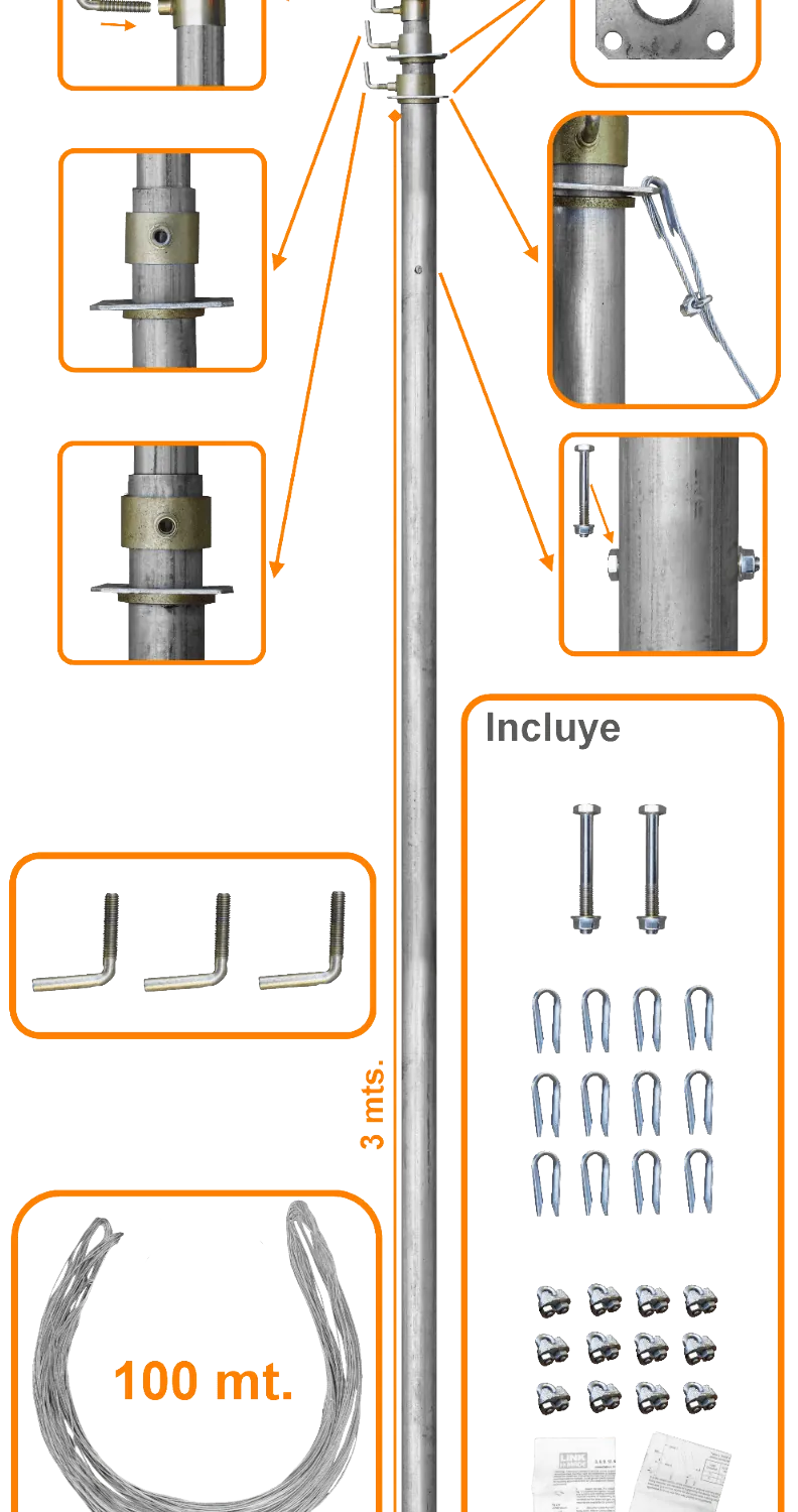 LINKMADE 30pies 9mt Mastil Telescopico con Vientos 3-Tubos-3mt 1