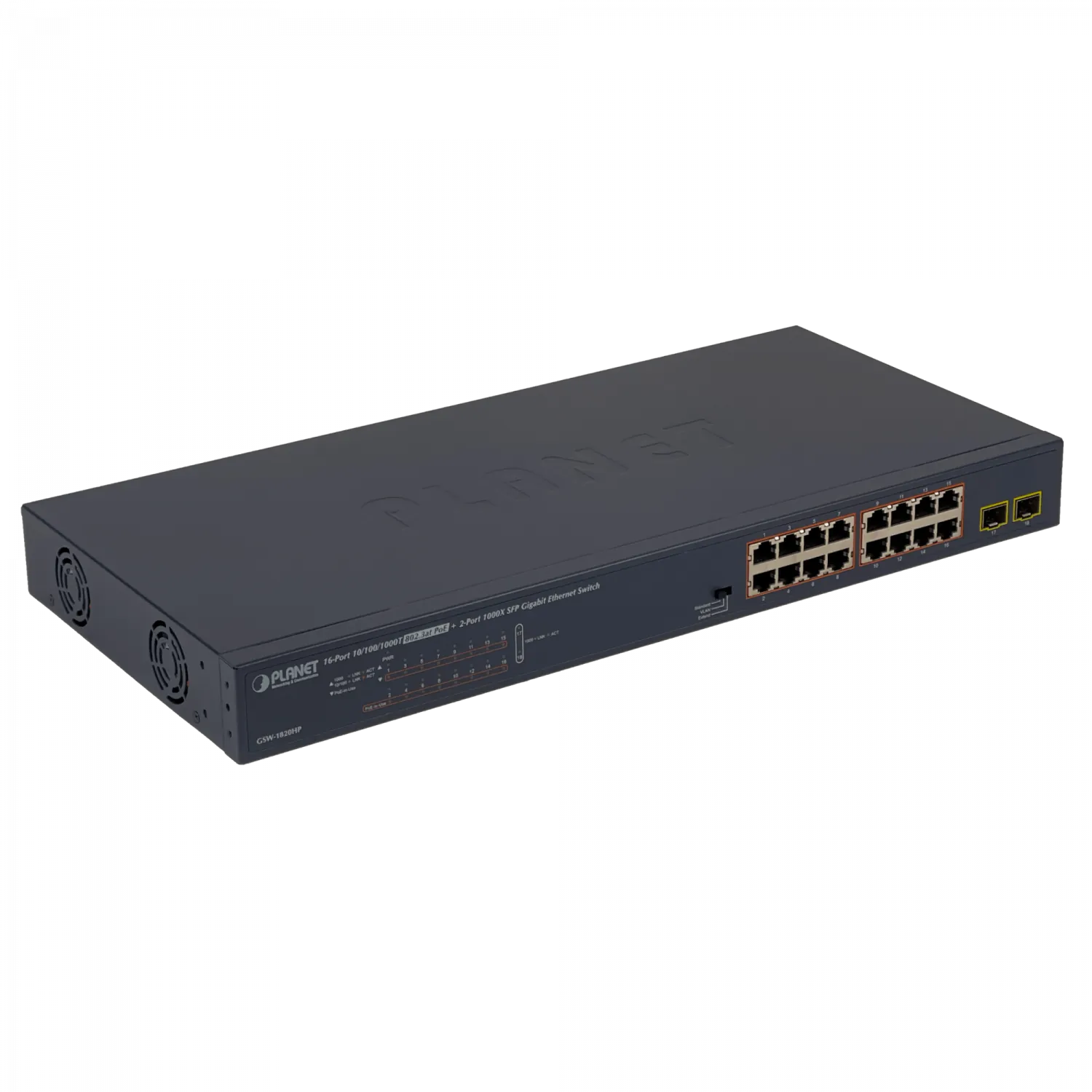 PLANET 16-1000-PoE48+af/at 240W-total 2-SFP Switch no-Admin Rack V2 1
