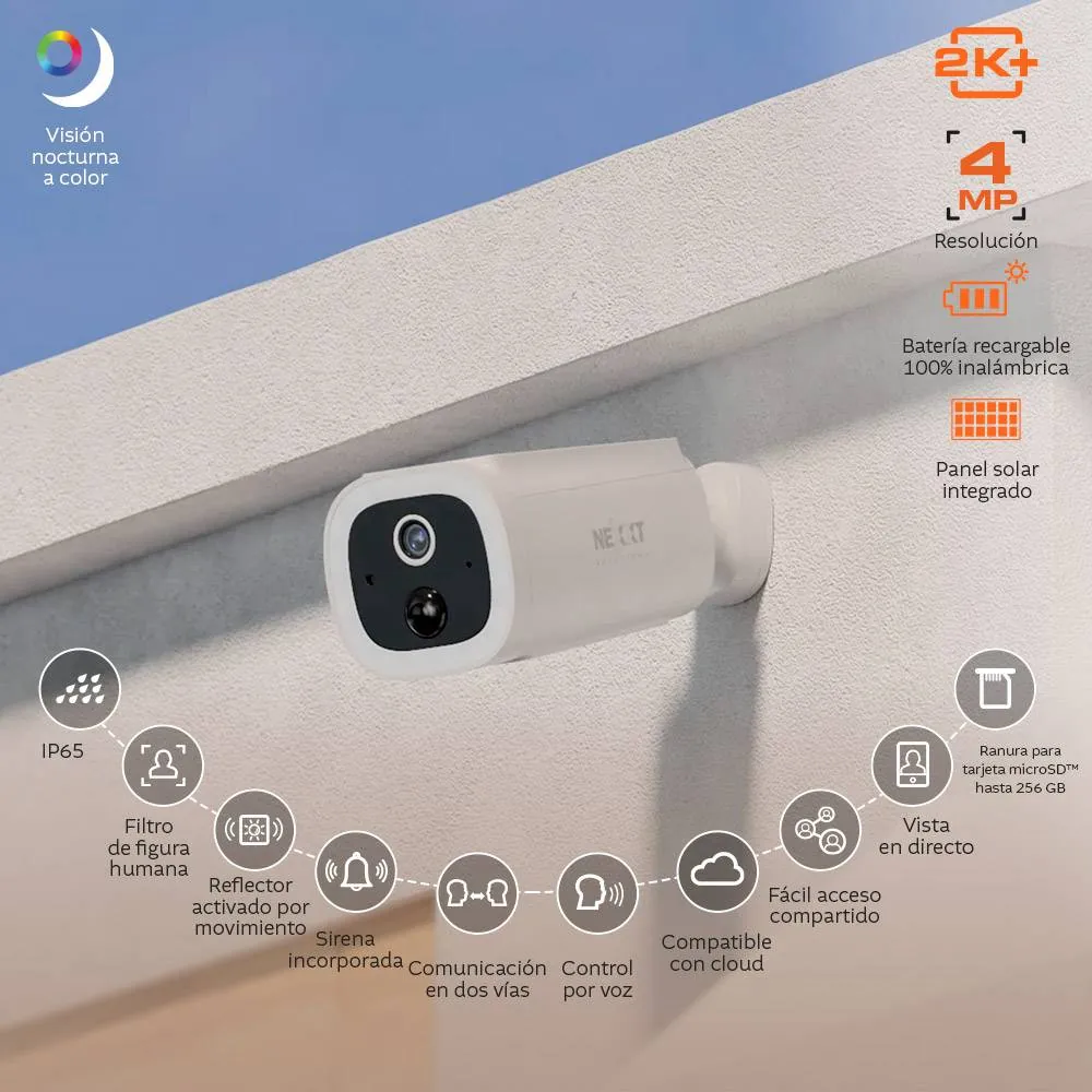 Camara Inteligente Nexxt Solutions NHC-OF30S, 4 MP 2K QHD, WI-FI, Panel Solar, 5200 mAh 2