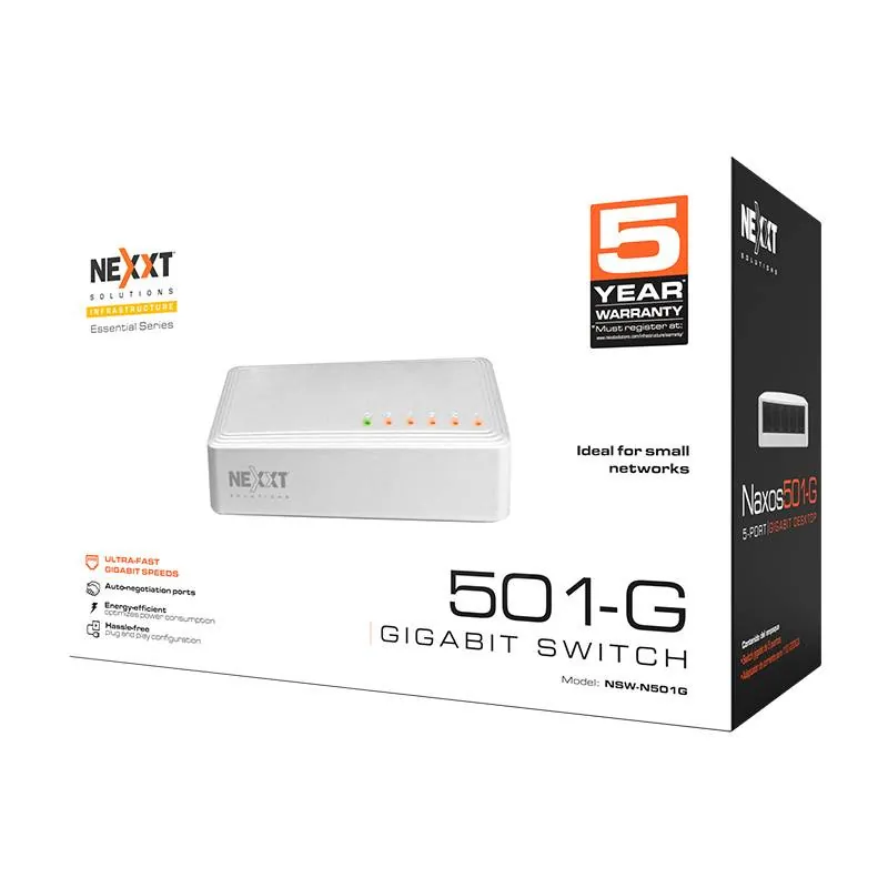 Swtich de escritorio Nexxt Essent Naxos501-G 5-port 1Gbps 110/220v 5