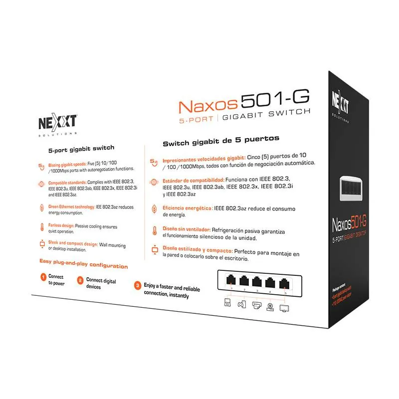 Swtich de escritorio Nexxt Essent Naxos501-G 5-port 1Gbps 110/220v 6