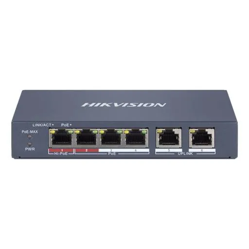 Switch PoE Hikvision DS-3E1106HP-EI Administrable de 4 Puertos con 2 Uplink 2