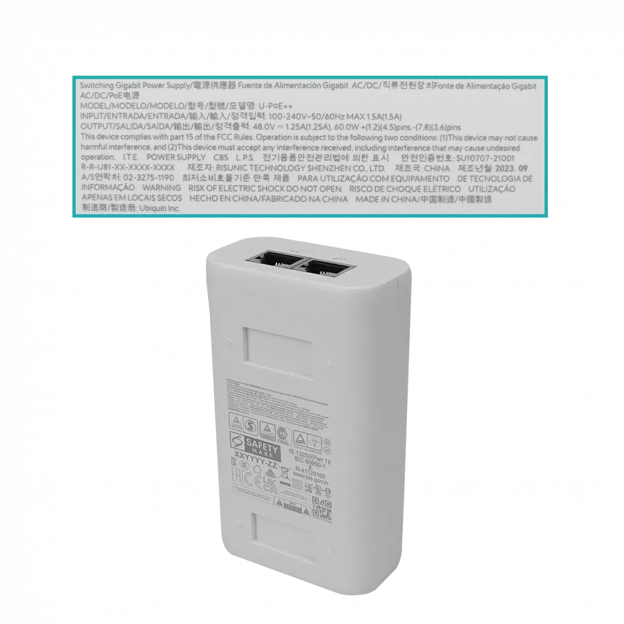 UBIQUITI 48VDC 60W inyector PoE 1,25A Gigabit 100-240VAC 5