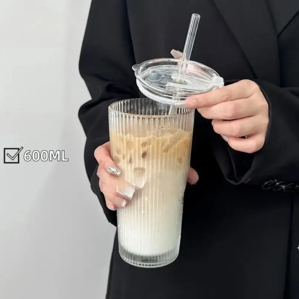 Vaso vidrio a rayas de 600ml con tapa y bombilla, vasos transparentes para beber para jugo, agua y tazas de café helado. 2