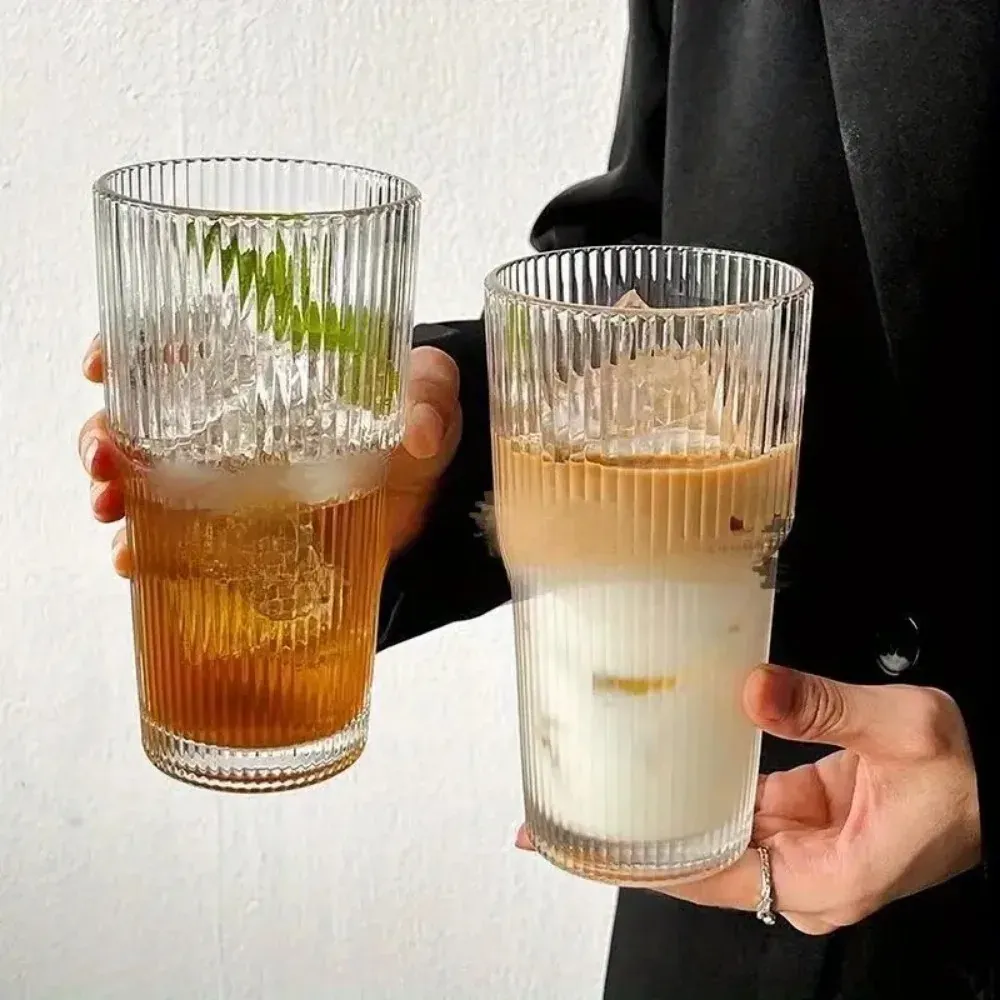 Vaso vidrio a rayas de 600ml con tapa y bombilla, vasos transparentes para beber para jugo, agua y tazas de café helado. 3