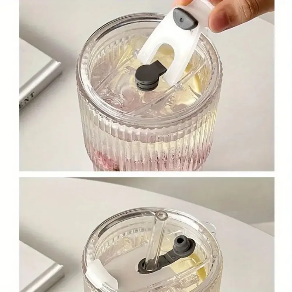 Vaso vidrio a rayas de 600ml con tapa y bombilla, vasos transparentes para beber para jugo, agua y tazas de café helado. 4