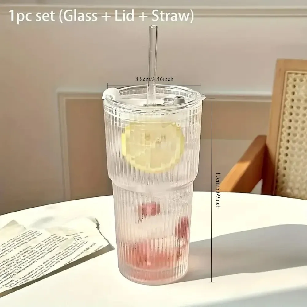 Vaso vidrio a rayas de 600ml con tapa y bombilla, vasos transparentes para beber para jugo, agua y tazas de café helado. 5