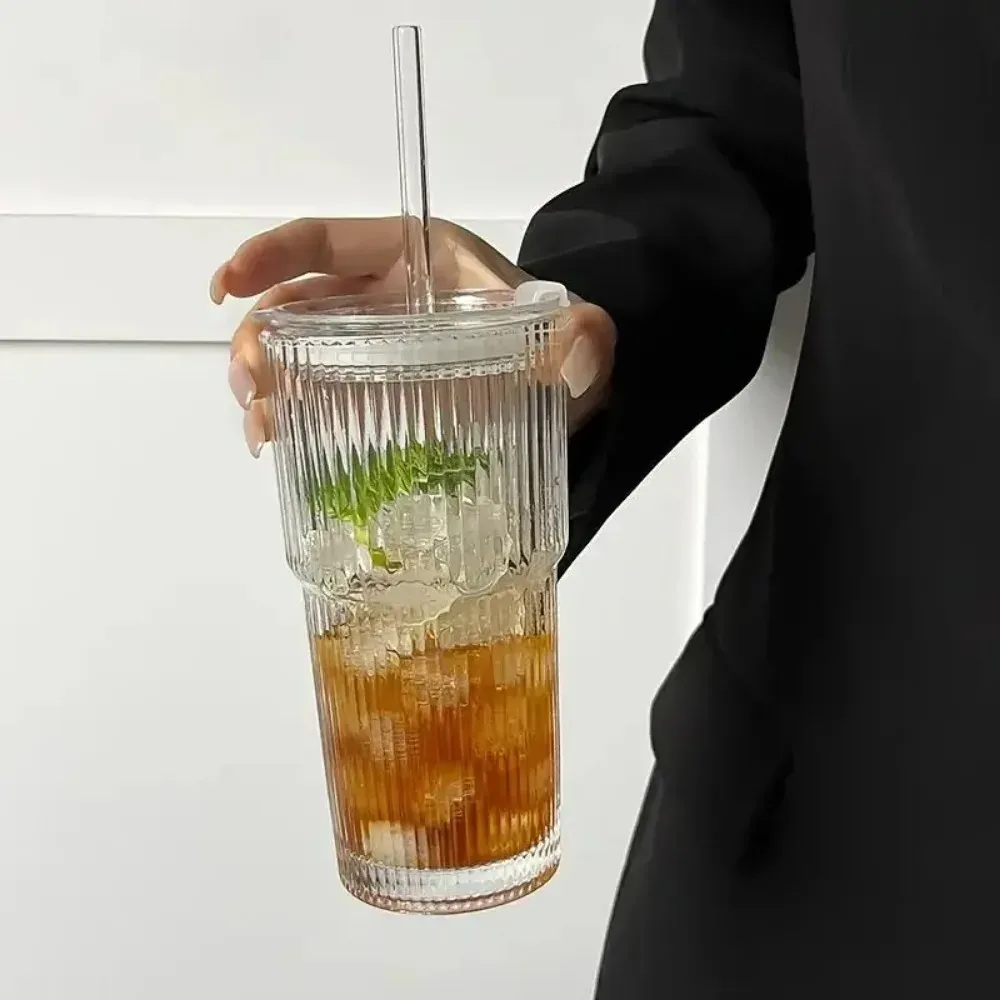 Vaso vidrio a rayas de 600ml con tapa y bombilla, vasos transparentes para beber para jugo, agua y tazas de café helado. 6