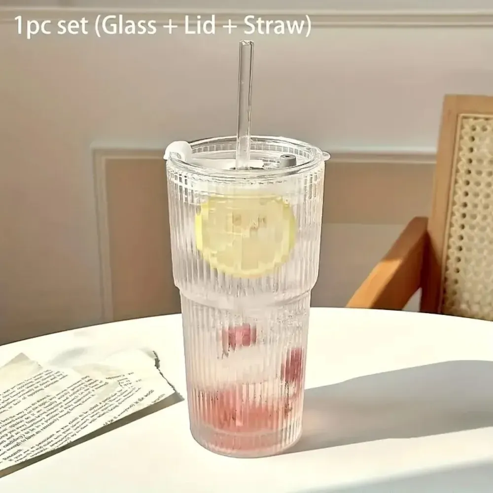 Vaso vidrio a rayas de 600ml con tapa y bombilla, vasos transparentes para beber para jugo, agua y tazas de café helado. 7
