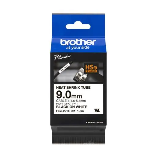 Cinta Tubo termorretráctil Brother HSE221E, Negro sobre blanco, Rollo (0,9cm x 1,5m), 1 cinta 2