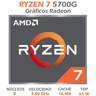 Procesador AMD Ryzen 7 5700G, AM4 , 8-Core, 3,8Ghz (Max boost 4.6Ghz), Radeon Vega Graphics 2