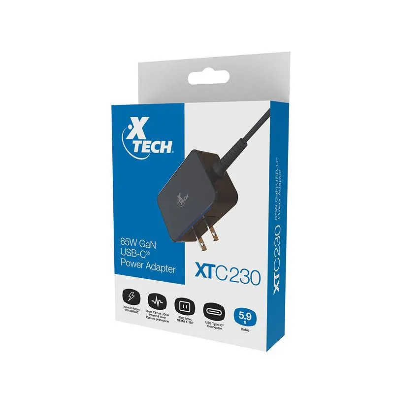 Adaptador de Corriente USB-C GaN 65W Xtech XTC-230, 1.8m, NEMA 1-15P, Negro 8