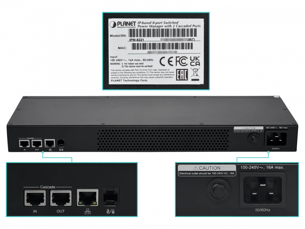 PDU PLANET  1-in-C20 8-out-C13 1-LAN-control-IP Temp/Humed/Amp 2-COM 4