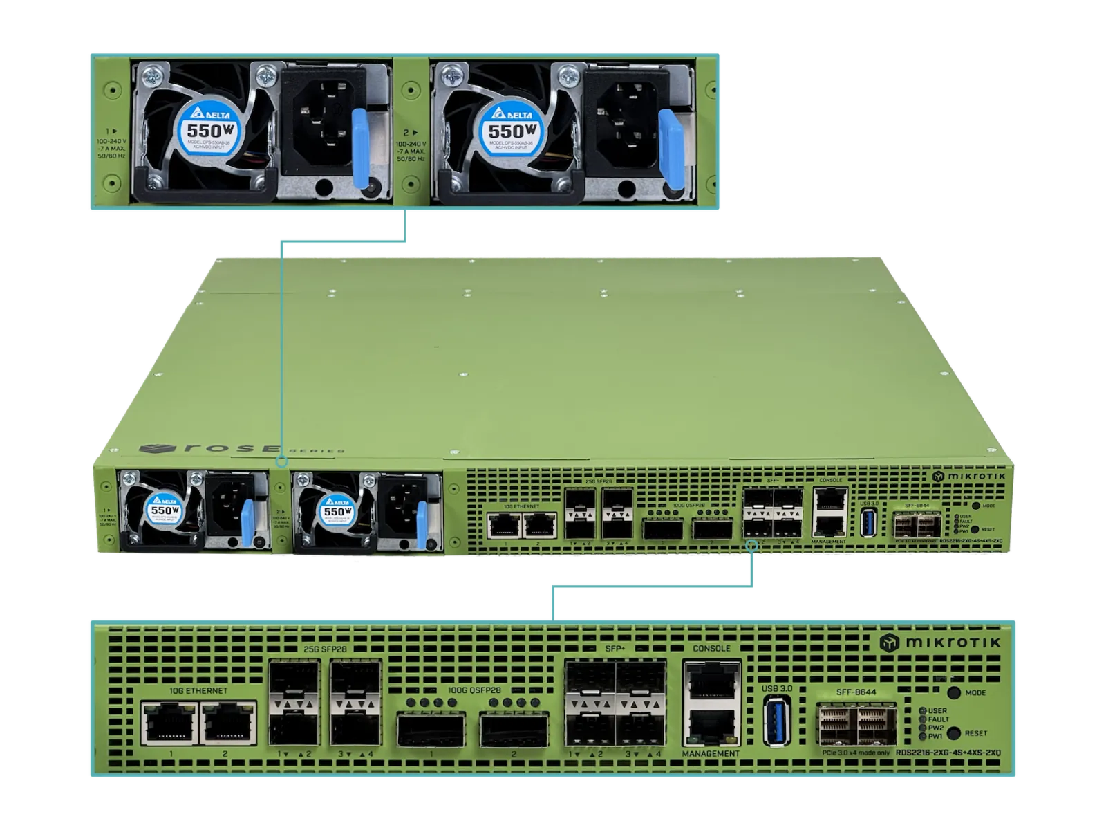 Servidor de Datos MikroTik RDS2216-2XG-4S+4XS-2XQ on 20 Bahías U.2 NVMe, Conectividad de hasta 100G 5