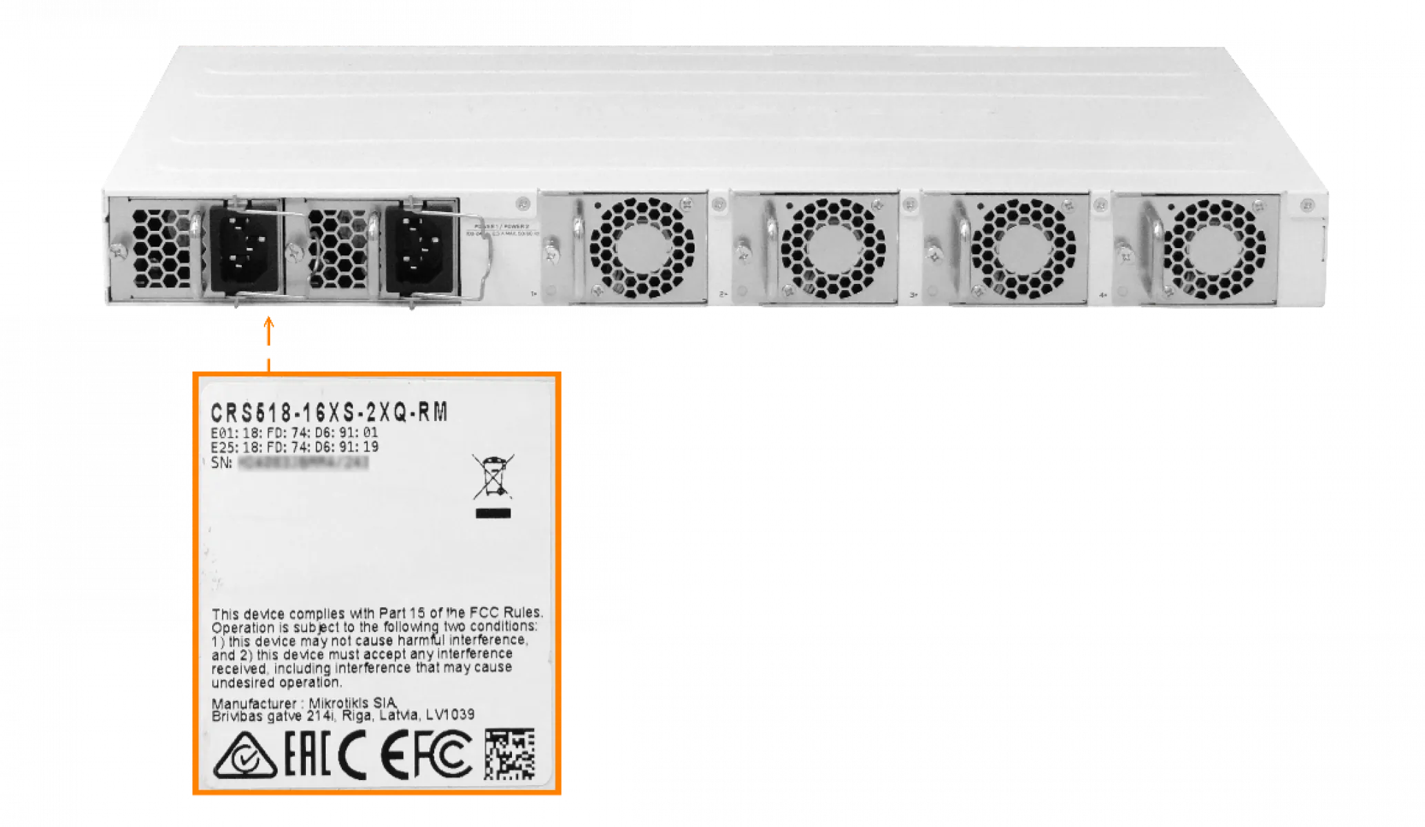 Switch MikroTik CRS518-16XS-2XQ, 16 Puertos SFP28 25G, 2-QSFP28 100G, 220VAC 3