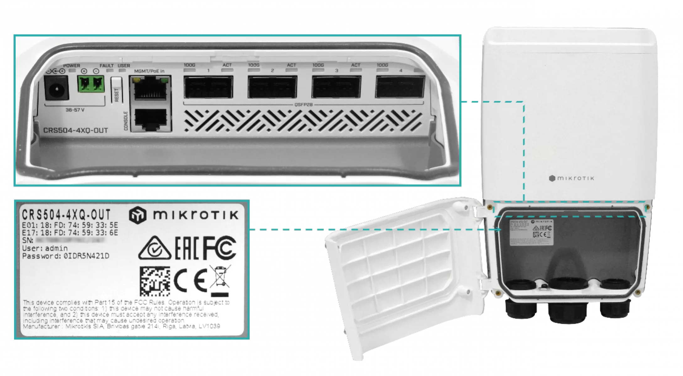 Switch MikroTik CRS504-4XQ-OUT, 4 Puertos QSFP28 100G, Exterior IP66, PoE-in, Console 5