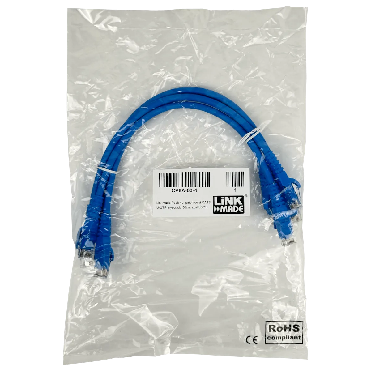 Pack x4 Cable Patch LINKMADE Cat6 Azul 30cm LSZH Inyectado Multifilar 5
