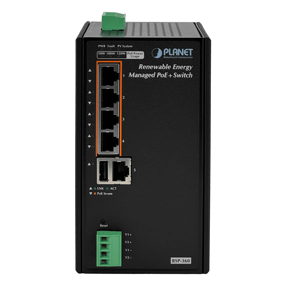 PLANET Switch Adm 5-1000-PoE+ CargaSolar PV24-45V/120W req-Bat24V Rdin 2