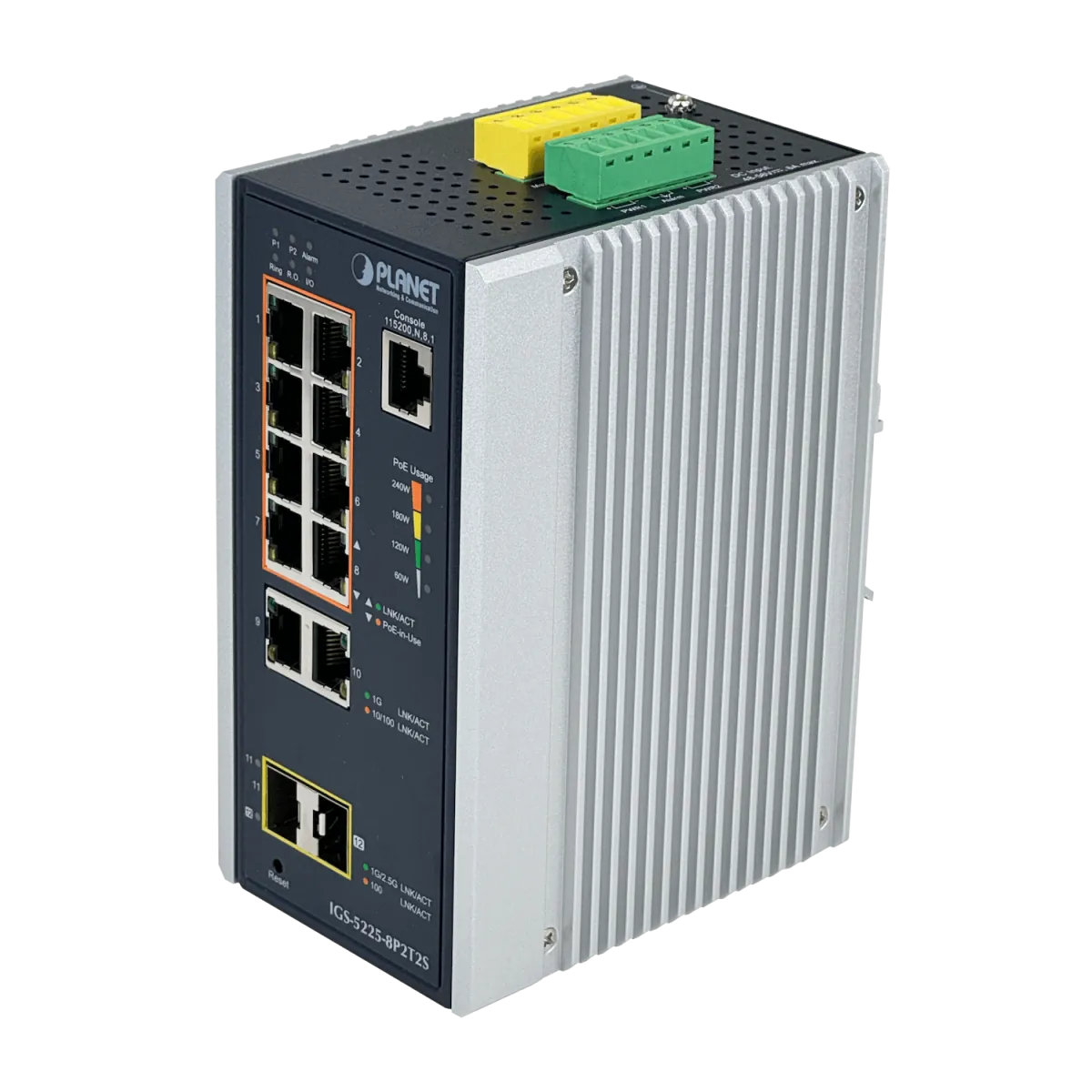 Switch PLANET 8-1000-PoE 2-1000 2-SFP 240W-tot RielDIN Switch Indust 8P2T2S 2