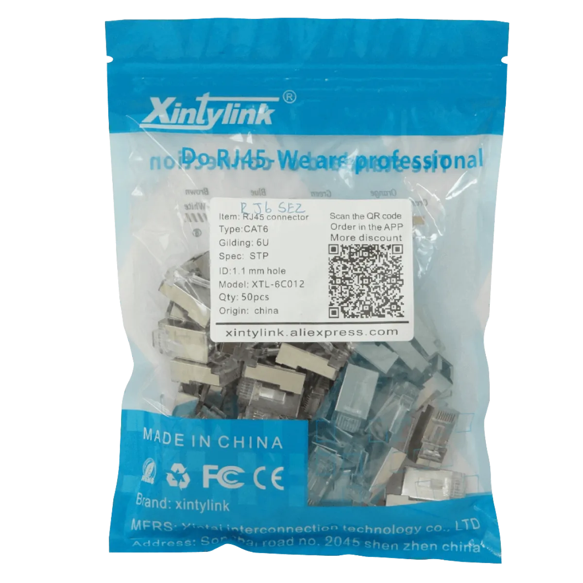 Conectores RJ45 XINTYLINK CAT6 STP FTP Bolsa 50 Orificios 1.1mm 5