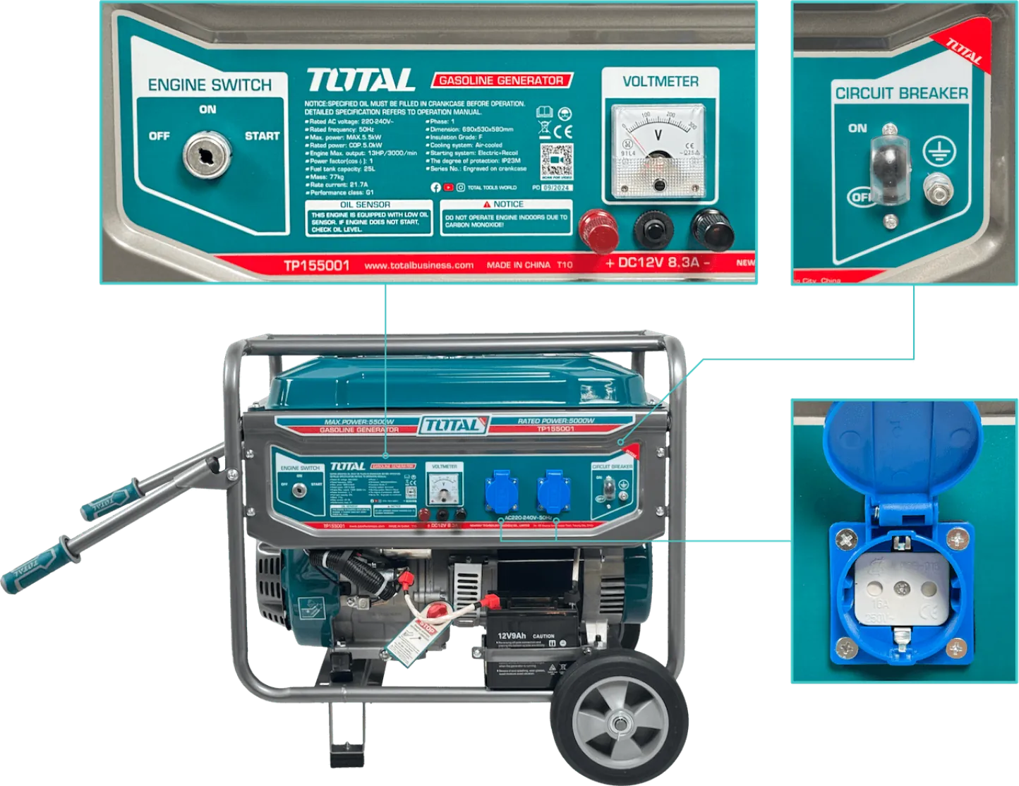 Generador a Gasolina TOTAL TP155001 5000W Tanque 25L 220V - Potencia para Uso Intensivo 6