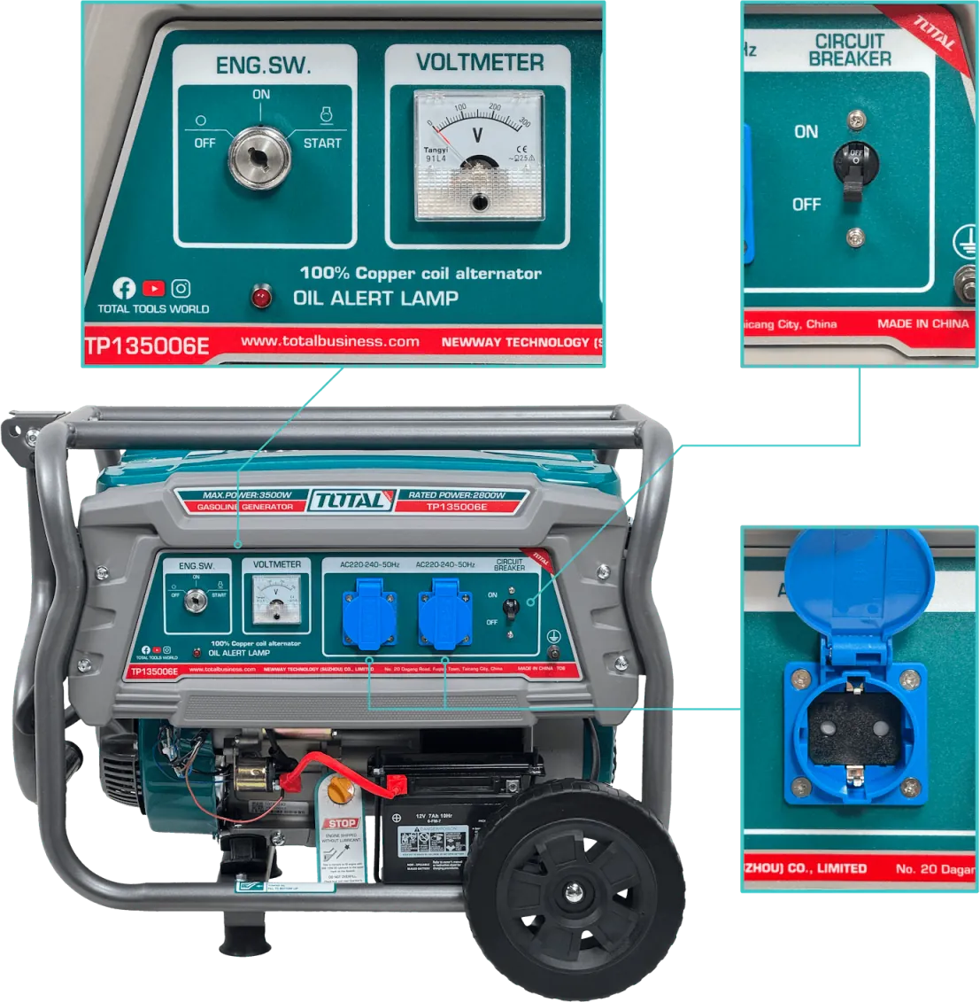 Generador a Gasolina TOTAL TP135006E 3500W Tanque 15L 220V - Compacto y Eficiente 3