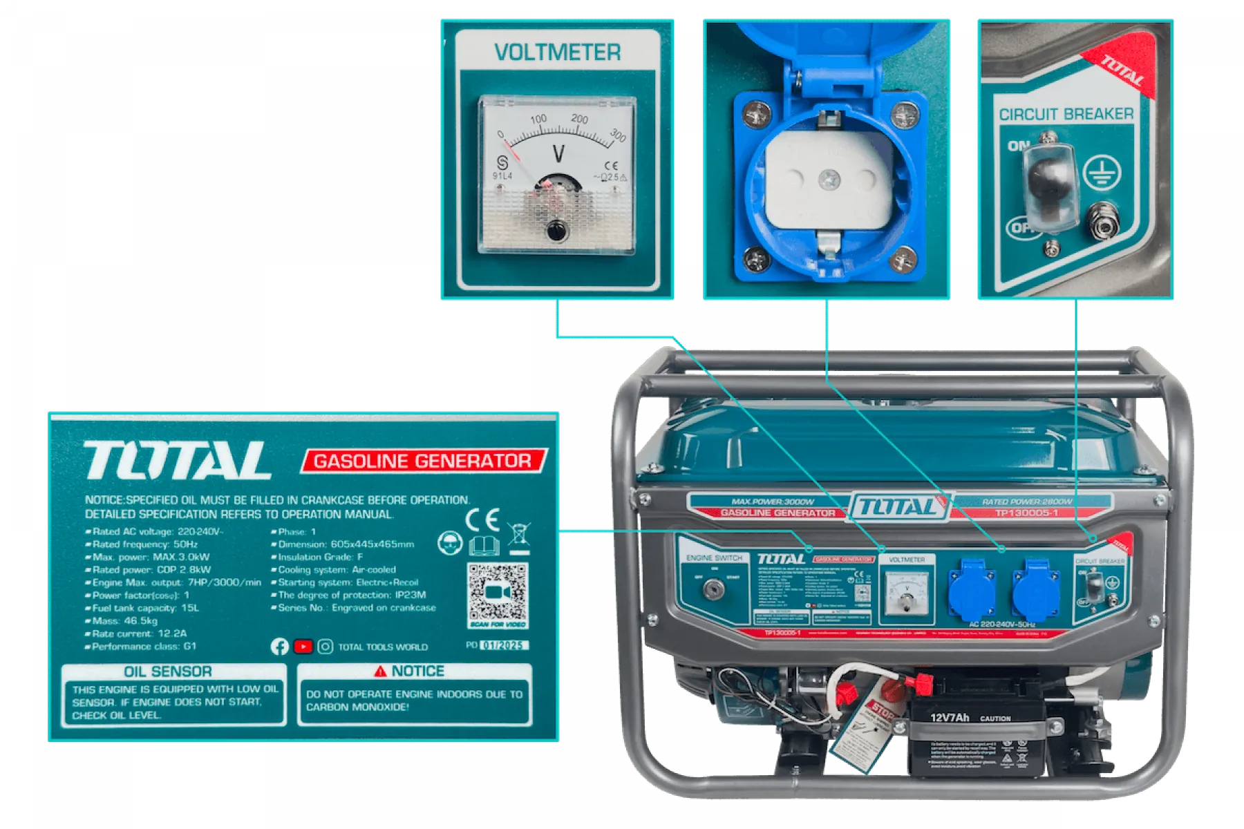 Generador Total TP130005-1 - Gasolina 3kW, 210cc, Arranque Eléctrico 8