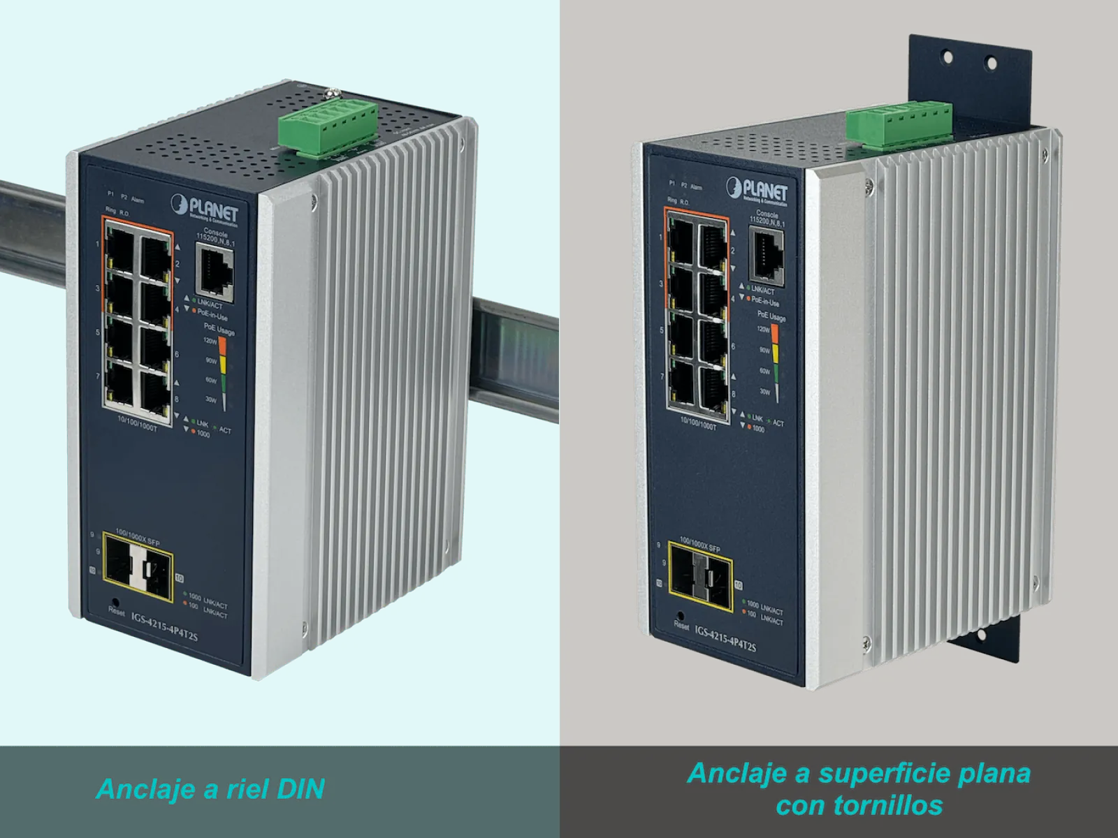 Switch PLANET 8-1000(4PoE-at) 2-SFP 144W-tot RielDIN Switch Industrial 4P4T2S 5