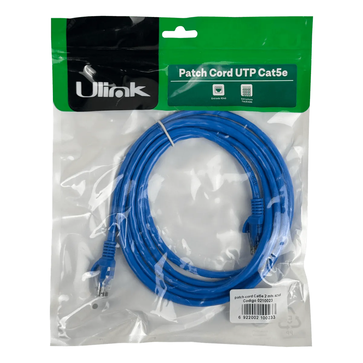 Cable Patch Cord Azul Multifilar CCA Aleacion Cat5e 2mt RJ45 inyectado 3
