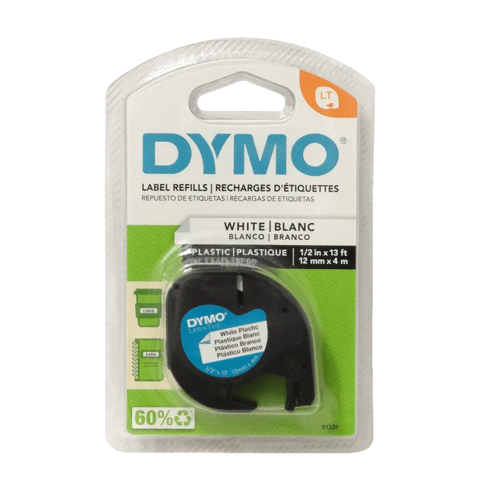 ETIQUETA PLASTICA DYMO NEGRO SOBRE BLANCO 12MM X 4M  LETRATAG 2
