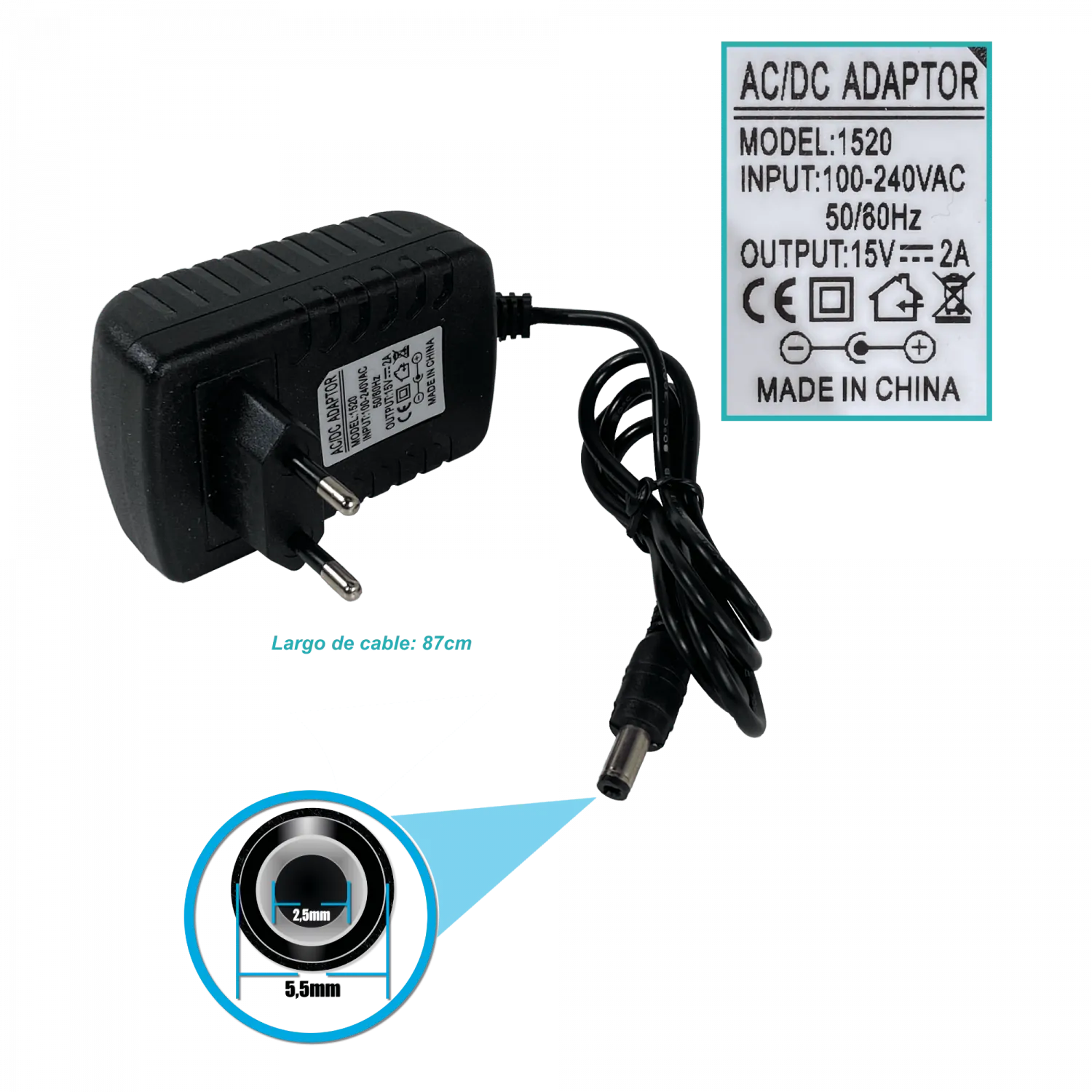 Fuente de Poder 15V 2A Plug 5.5x2.5mm 2