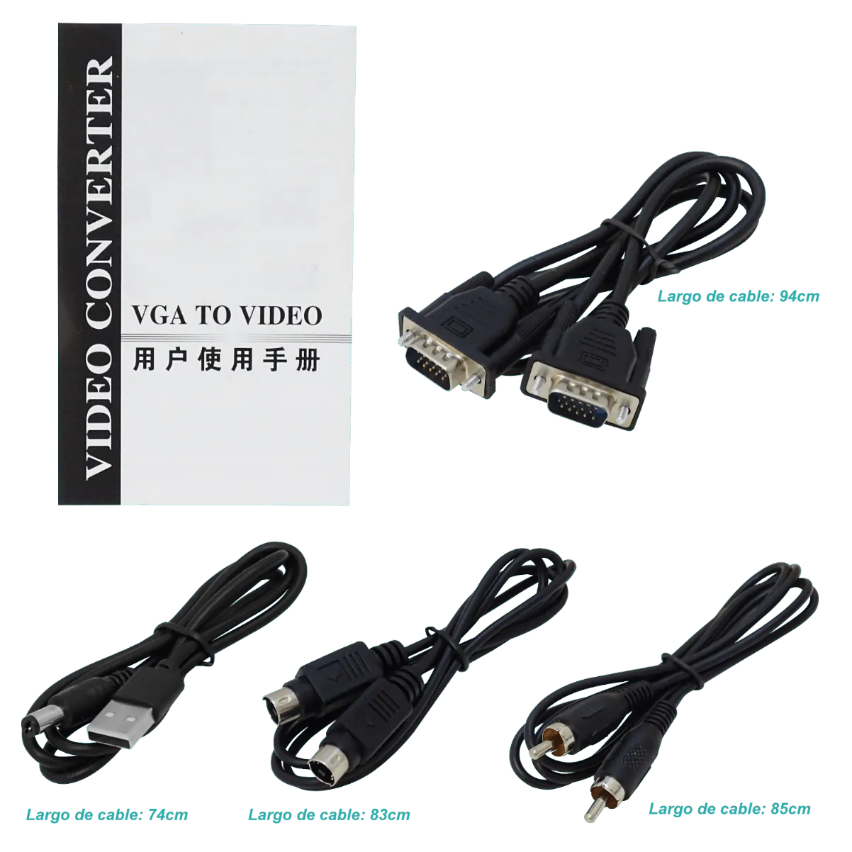 Convertidor VGA Hembra a RCA Hembra + S-Video, Requiere Fuente USB 5V 4